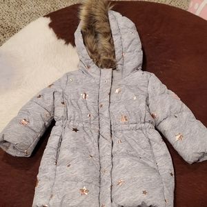 Gap Toddler Girls Long Puffer Coat Gray with Stars Size 2 Years